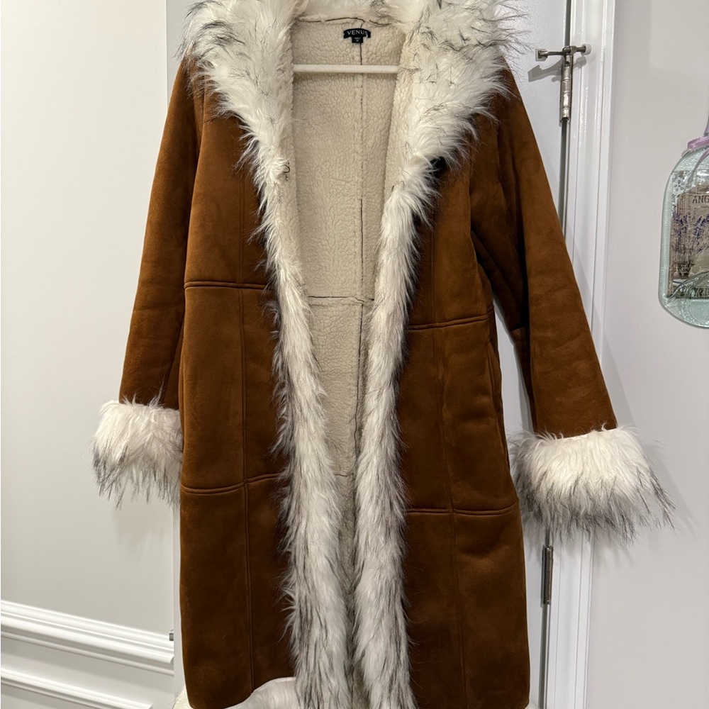 VENUS Brown Teddy Jacket with Faux Fur Trim